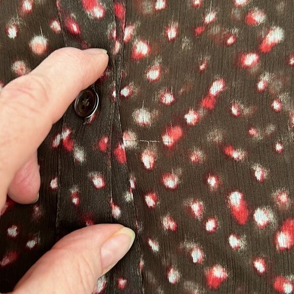 J Jill LS sheer blouse brown w/ red white print GUC last picture shows colors - Picture 13 of 16